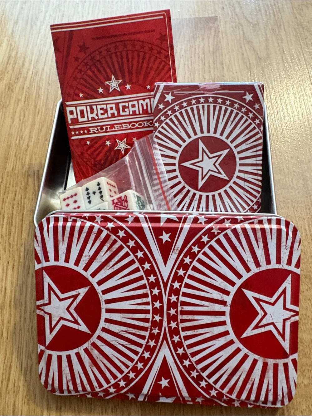New in Collectible Tin Vintage Marlboro Poker Kit Playing Cards, Dice Rules Book
